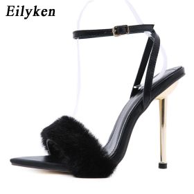 Eilyken 2022 New Pink White Women Sandals Sexy Open Toe Furry Fur Summer High-Heeled Sandals Ladies Wedding Stripper shoes (Color: Black, size: 40.0)