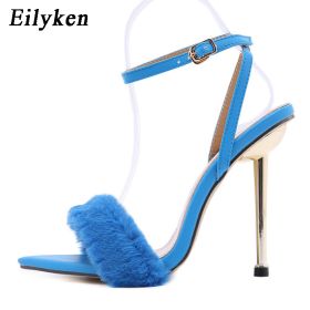 Eilyken 2022 New Pink White Women Sandals Sexy Open Toe Furry Fur Summer High-Heeled Sandals Ladies Wedding Stripper shoes (Color: Blue, size: 39.0)